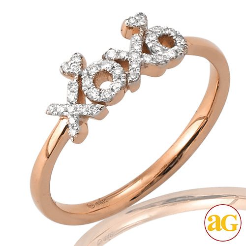 14KR 0.15CTW DIAMOND 'X & O' RING WITH HEARTS