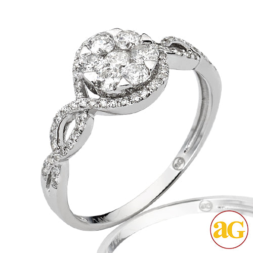 14KW 0.75CTW DIAMOND V-PRONG FLOWER RING WITH HALO