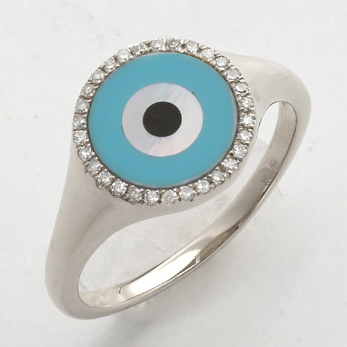14KW 0.10CTW DIAMOND ROUND FACE RING WITH BLUE AND